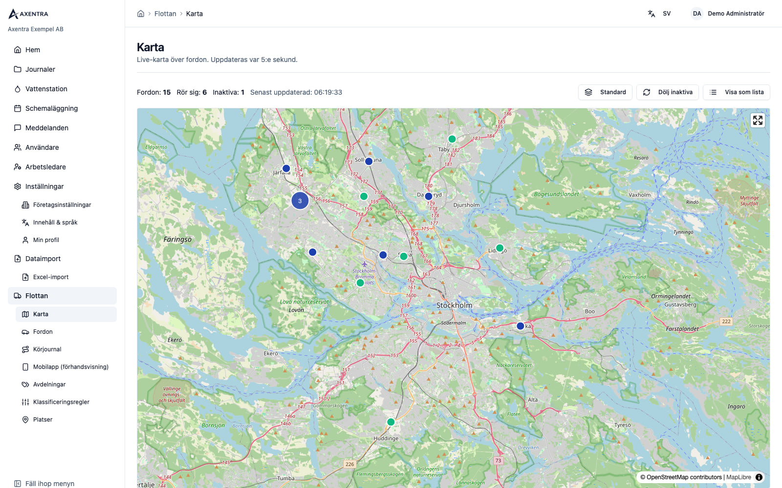 Axentras live-karta med företagets fordon i Stockholm och omnejd i realtid